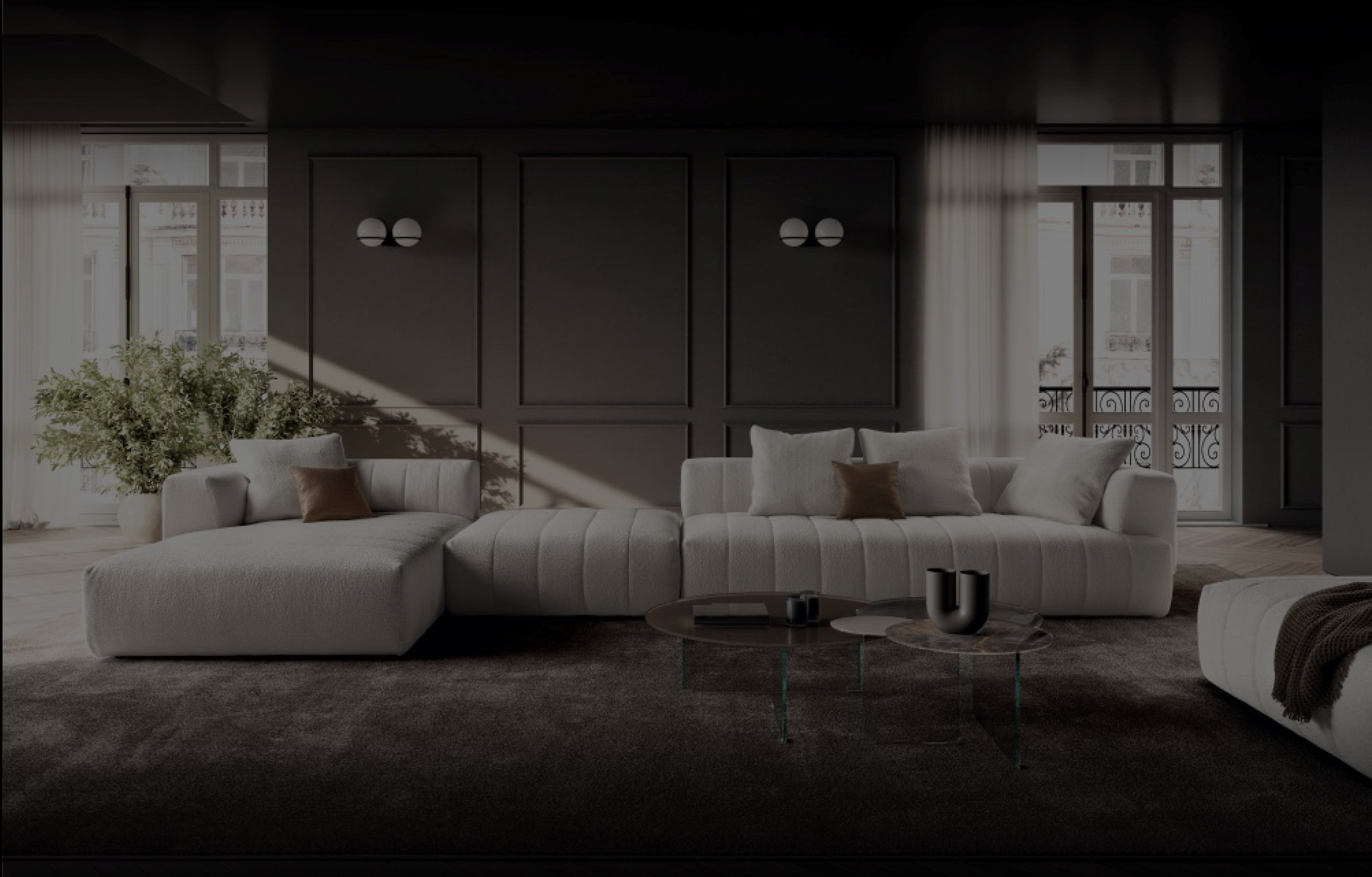 LAGO modern minimalist living room with modular sectional sofa and floor-to-ceiling windows